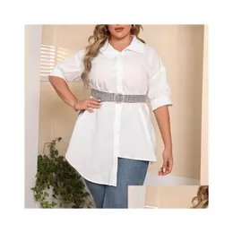 Vestidos de tamanho grande camisa mulher branca com tampa de shoder de shoder de cinto de espera tops de curva assimétrica para a blusa grande entrega de T6so.