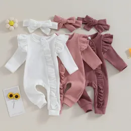 PUDCOCO Säugling Baby Mädchen Herbst Jumpsuit Runde Halsfliegshülle Ruffen Reißverschluss Strampler mit Bugstadband 012m 240416