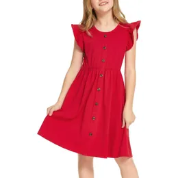 Arshiner Girls Dress Flute Sleepe A-line Düğmesi Aşağı Sundress 4-12 Yıllık Çocuklar İçin Sıradan midi Elbiseler