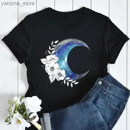 Koszulka damska plus size Maycaur moda vintage księżyc z kwiatowym nadrukiem Kobiety T Shirt Casual Short Slves żeńskie tshirty kreskówkowe grafika t y240420