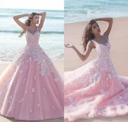 Pink Floral Flower Ball Gown Quinceanera Dresses 2020 Applique Tulle Scoop Sleeveless Lace Bodice Long Prom Dresses Formal Party2478775