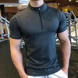 Mężczyźni Tight Sport T-shirt z krótkim rękawem Gym Ubranie Fitness Kompresja Sportowa odzież na suwak do wędrówki Rashgard Bluza 240412