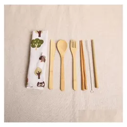 Dinnerware Sets Wooden Bamboo Teaspoon Fork Soup Knife Catering Cutlery Set With Cloth Bag Kitchen Cooking Tools Utensil Drop Delive Dhgrz