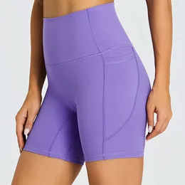 NO Lu Align Front Abs Loli costura de costura alta yoga mulher barriga controle fiess treino atlético Executando shorts com bolsos laterais academia de limão runni