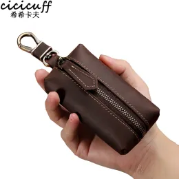 Wallets 100% Real Leather Key Case for Household Keys Housekeeper Organizer Retro Solid Crazy Horse Leather Key Holder Bag High Capacity