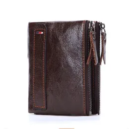 Brieftaschen echte Kuhleder Herren Brieftasche kostenlos Versand RFID Doppel Reißverschluss Kartenhalter Hochwertiger Vintage Münzklammel -Brieftasche 2023 Neu