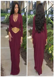 Afric Style Burgundy Arabic Evening Dress with Long Sleeves Gold Beaded Sash Sheath Women Maxi Gowns Plus Size Dubai Prom Party Dr9993974