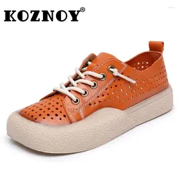 Sapatos casuais Koznoy OpenWork 3cm de dedão quadrada de couro genuíno vulcanize plataforma feminina plana feminina lã de alta marca de marca oca moda