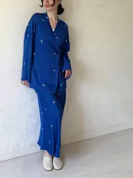 Ethnic Clothing Eid Muslim Set For Women Ramadan Satin Shirt With Skirt 2 Piece Musulman Ensembles Print Belt Dubai Turkey Robe Jalabiya