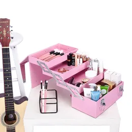 Suitcases New hot Women Retro Cosmetic case,lady Nails Makeup Toolbox,Foldable Beauty Box Luggage Suitcase,girls cute pink Tattoo hangbag
