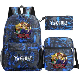 Backpacks New Anime YuGiOh 3Pcs Boy Girl Kids School Book Bags Travel Backpack Shoulder Bag Pen Bag For Men Women