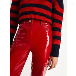 Frauenhose glänzende rote Patentleder heterosexuelle Frauen hohe Taille PVC Slim Hosen Ladies Chic gelb PU Pocket Custom Clubwear