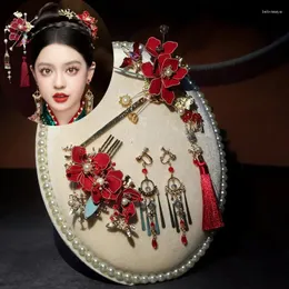 헤어 클립 여성 빨간 꽃 한피 빗 전통 중국 웨딩 액세서리 스틱 머리 장식 머리 보석 신부 헤드 ​​피스 핀