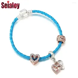 Charm Bracelets Seialoy einfache roségoldfarbe Herz Perlen Blaues Leder für Frauen geflochtene Seilarmbandbänder