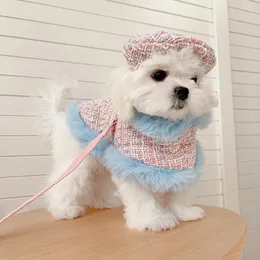 Dog Collars Small Fragrant Style Pet Cape Winter Warm Plush Poncho Puppy Leashable Chest And Back Strap Leash Hat Three Piece Set