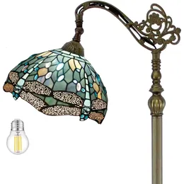 Stunning Tiffany Floor Lamp with Sea Blue Stained Glass Dragonfly Design - Adjustable Gooseneck Standing Reading Light for Bedroom or Living Room Decor