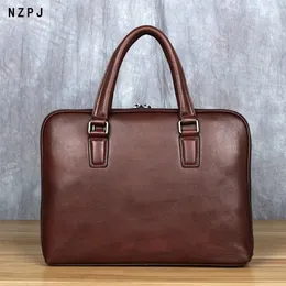 Vintage Herren Aktentasche Top -Layer Cowide Casual Handtasche Leder Business Schulter Messengerbeutel Brauner 14 -Zoll -Laptop NZPJ 240418