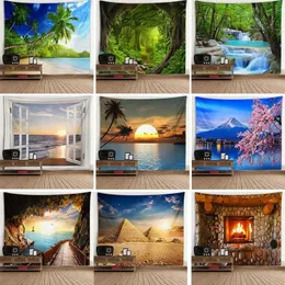 Window Scenery Mural Tapestry Wall Background Cloth Tree Hole Furnace Hanging Large 240410