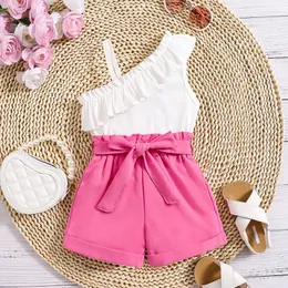 Clothing Sets BeQeuewll Children's Ruffled Diagonal Suspender Short Top And Pink Bow Shorts With Elastic Edge Set For 4-7 Years