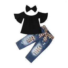 Kleidungssets Boutique Girl Kleidung 3pcs Kleinkind Baby Girls Off-Shoulder Tops T-Shirt Leopard Jeans Hosen Sommerset