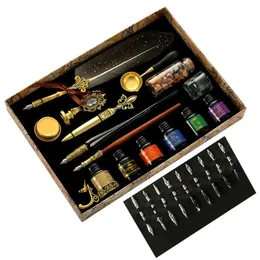 Feather Pen and Ink Set Antique Feather Pen för att skriva Quill Pen Set Inkluderar Feather Dip Pen Ink Replacement Nibs Spoon Wax 240409