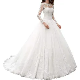 Vestidos de noiva brancos de renda de pescoço e mangas com mangas A-line Tulle Vestido de Noiva Sweep Train Lace para cima vestidos de noiva