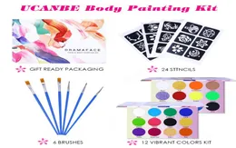 Ucanbe Neon Face Body Paint Tattoo Kit 24のステンシルと6つのブラシハロウィーンパーティーフェスティバルメイクアップドレスペインティングART2858696