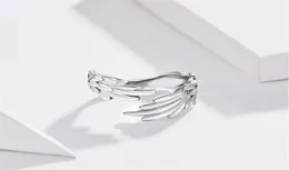 Anello aperto S925 in argento sterling con ali di piume in piuma platinicate artigianato lucido regolabile comodo da indossare Fashio7381322