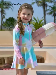 Mädchen Badebekleidung Onepiece Childrens Huthuthut Langarm Kinder Rock Badeanzug UPF50 UV Schutz Beach Schwimmbad 240415