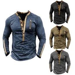Spring and Autumn Retro Mens Henley Neck Long Sleeve Casual Loose Pullover Spliced Mens Handsome Outdoor T-shirt Tactica Top 240412
