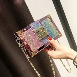 Style Womens Small Square Bag Korean Fashion Sequins Small Box Cool and Easy Single Shoulder Bag Charming Chain 240407