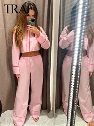 TRAF Spring Womans Fashion Pink Pants Set Long Sleeves Casual Loose Shirts Cropped TopsElastic Waist LaceUp Wide Leg 240412