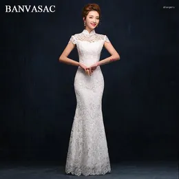 Party Dresses BANVASAC Lace Embroidery High Neck Mermaid Long Evening Short Cap Sleeve Hollow Out Backless Prom Gowns