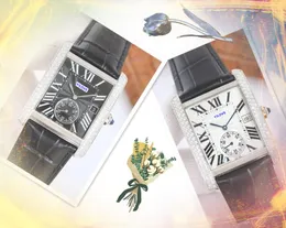 ICED Out Hip Hop Square Römisch -Panzer -Zifferblatt MAMS Sehen Sie Luxus Präsident Lady Full Diamonds Ring Uhr Kuh Lederband Japan Quarz Bewegung beobachtet Montre Homme Geschenke