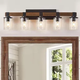 6-Light Farmhouse Vanity Lights with Rustic Wood and Vintage Metal Sconces, Industrial Bathroom Lighting Fixtures with Clear Glass Shades