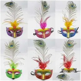 مصمم أقنعة 12pcs Colorf Peacock Feather Mask Women Girls Venice Princess Ball Masquerade حفلة عيد ميلاد الكرنفال Drop Drh3am