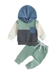 Clothing Sets Toddler Baby Boy Clothes Fall Winter Outfits Color Block Hoodie Sweatshirt Tops Jogger Pants Set (A-Green Gray 18-24 Months)