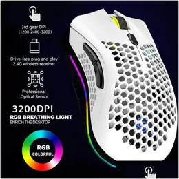 Мыши 2 4G Беспроводные мыши RGB Light Honeycomb Игровые игровые автоматы USB -компьютеры настольные компьютеры aouse ноутбук геймер Cute 230210 Drop Dust Dhboa