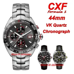 CXF Relógios F1 44mm VK Cronografias de quartzo Mens relógio Dial cinza Pulveração de aço inoxidável Gents de pulseiras Relvinhas de pulso