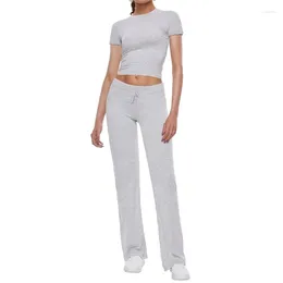 Pantaloni da donna a due pezzi Xingqing Women Set Summer Y2K Abiti di colore Solido Toppette topi a collo rotondo a manicotto corto e pantaloni lunghi