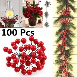Fiori decorativi 50/100 pezzi di bacche artificiali Oro Silver Red Cherry Stame Mini Fino Finole perle perle per festa di Natale fai -da -te artigianato