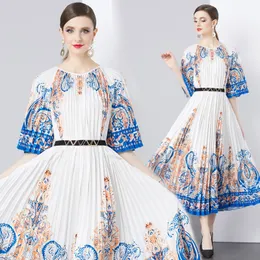 High Streld Streted Vintage Baroque Print Muldi Midi Long Pleated Dresses Crew Belt Belt Halve Sleeve Ladies Party Party Férias de férias de férias de férias por atacado