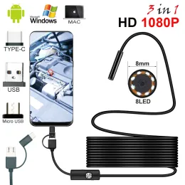 Fotocamere 1080p USB Endoscope Camera da 2m 5m da 5 m 10 m Flexible Hard Cavo Snake Snake Telecamera BORESCOPE Notebook per PC Android 8leds Modificabile