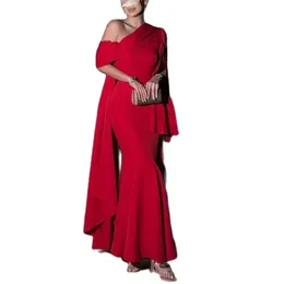 Elegant lång crepe en axel aftonklänningar röd sjöjungfruma veckade ankel längd festgäst klänning för kvinnor