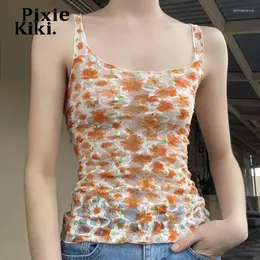 Kvinnors tankar Pixiekiki French Style Floral Lace Seugh-Through Tank Tops Women 2000s Y2K Sexig backless Top Summer Clothes 2024 P84-AH10