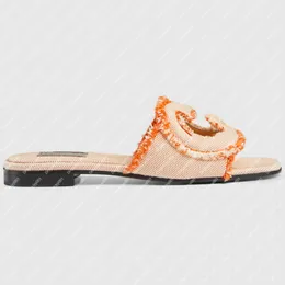 Explosion new Women's slippers 782412 FAC6Y 7533 INTERLOCKING SLIDE SANDAL Orange canvas sandals archival codes 1970s Frayed maxi cut-out Leather sole Flat shoes