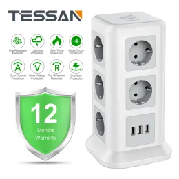 제어 Tessan Smart Power Board EU 플러그 3 USB 및 11 개의 콘센트 확장 2.0m 케이블 타워 충전기 Multiport Desktop Outlets Smart Home