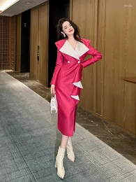 Vestidos casuais 2024 Autumn Elegant Momen Dress Terne Long Blazer Feminino Rosa Vermelha cor de retalhos formal Office Lady Jacket Wedding Prom