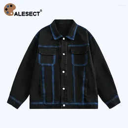 Damenjacken Calesect 2024 übergroße Sprühfarbenstreifen Design Denim Jacke Männer Unisex Mantel Black Spring Harajuku