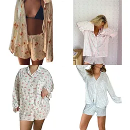 S Lenceria Sleepwear y K Piece PAMA مجموعة للنساء اللطيفات الفاكهة الزهرية ، قم بطباعة الأكمام الطويلة ، قميص ، مقسمة ، سروال شورت ، وليب ، و et leeve hirt ide plit horts